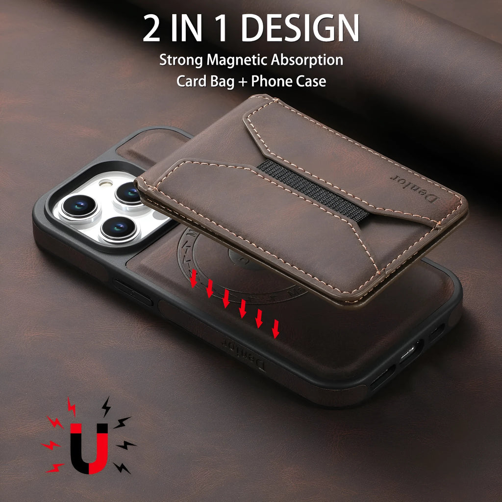 Imitation leather rotating bracket phone case with magnetic card pack for iPhone 16 Pro Max in black