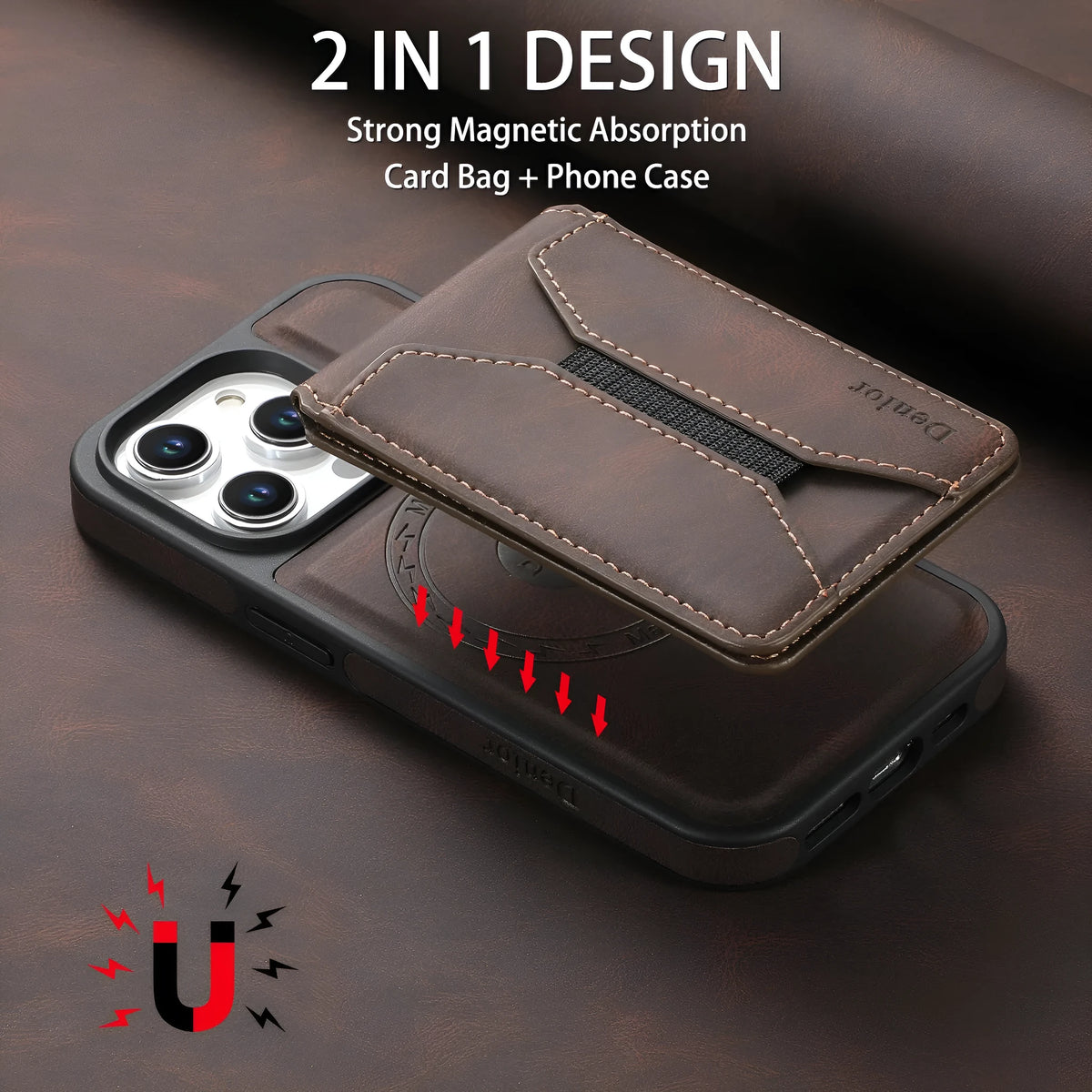 Imitation leather rotating bracket phone case with magnetic card pack for iPhone 16 Pro Max in black