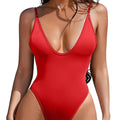 Women's solid colour V-neck backless one-piece swimsuit on a hanger, showing the front design.