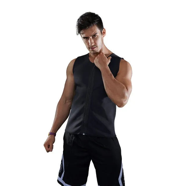 Black fitness sweat zipper vest with front zip, made from chlorinated fibre, shown on a model