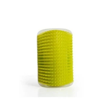 Wall-mounted cat self-grooming brush with soft rubber bristles and catnip attraction