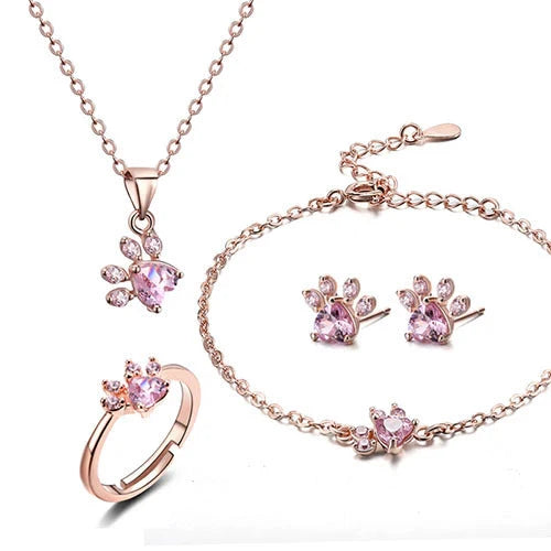 Women's cat bear dog paw jewelry set with CZ stones in rose gold and white K