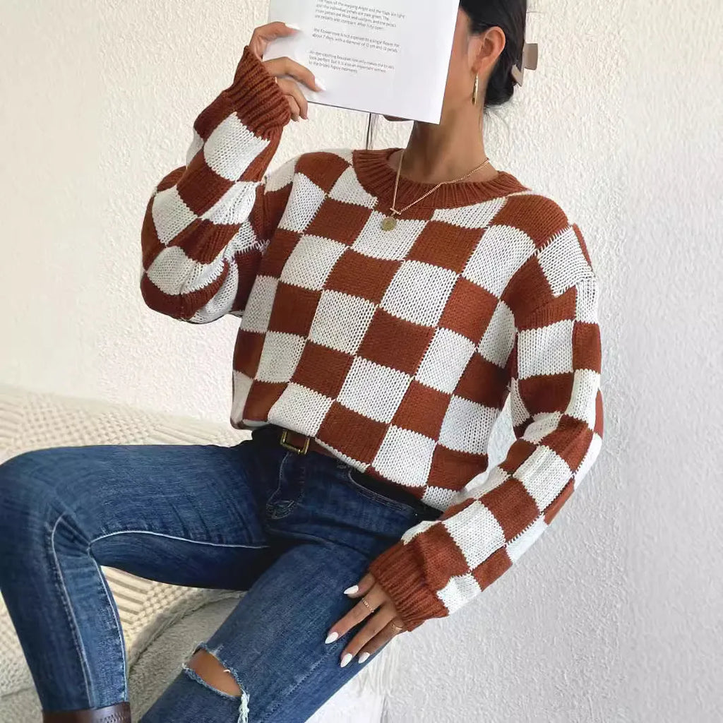 Dark brown plaid pattern acrylic loose pullover sweater with long sleeves and round neck.