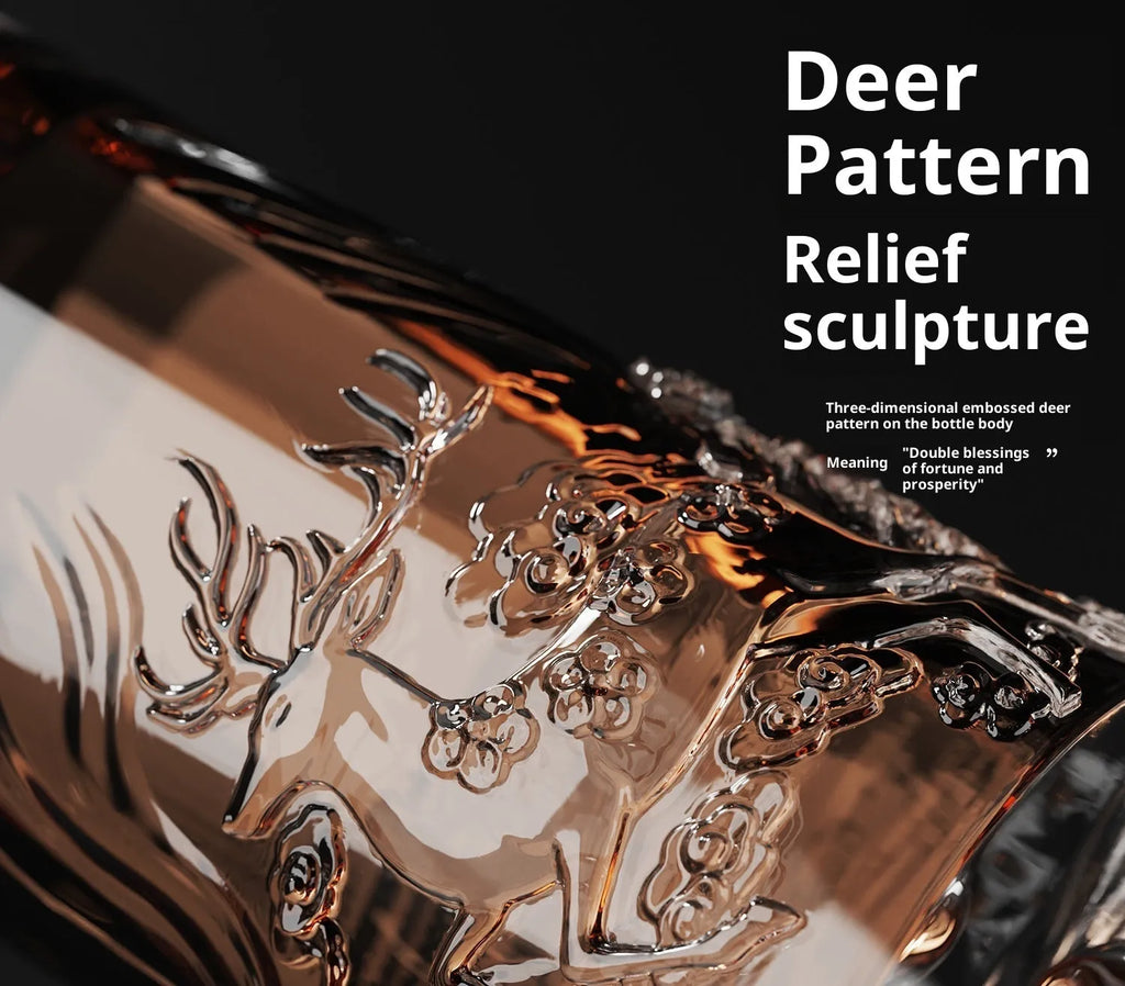 Two crystal glass wine bottles with deer design in a gift set with boxes and handbag