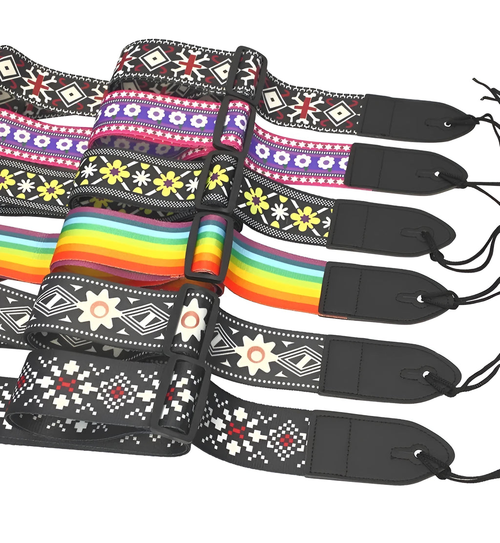 Printed cloth guitar shoulder strap showing multiple pattern design options