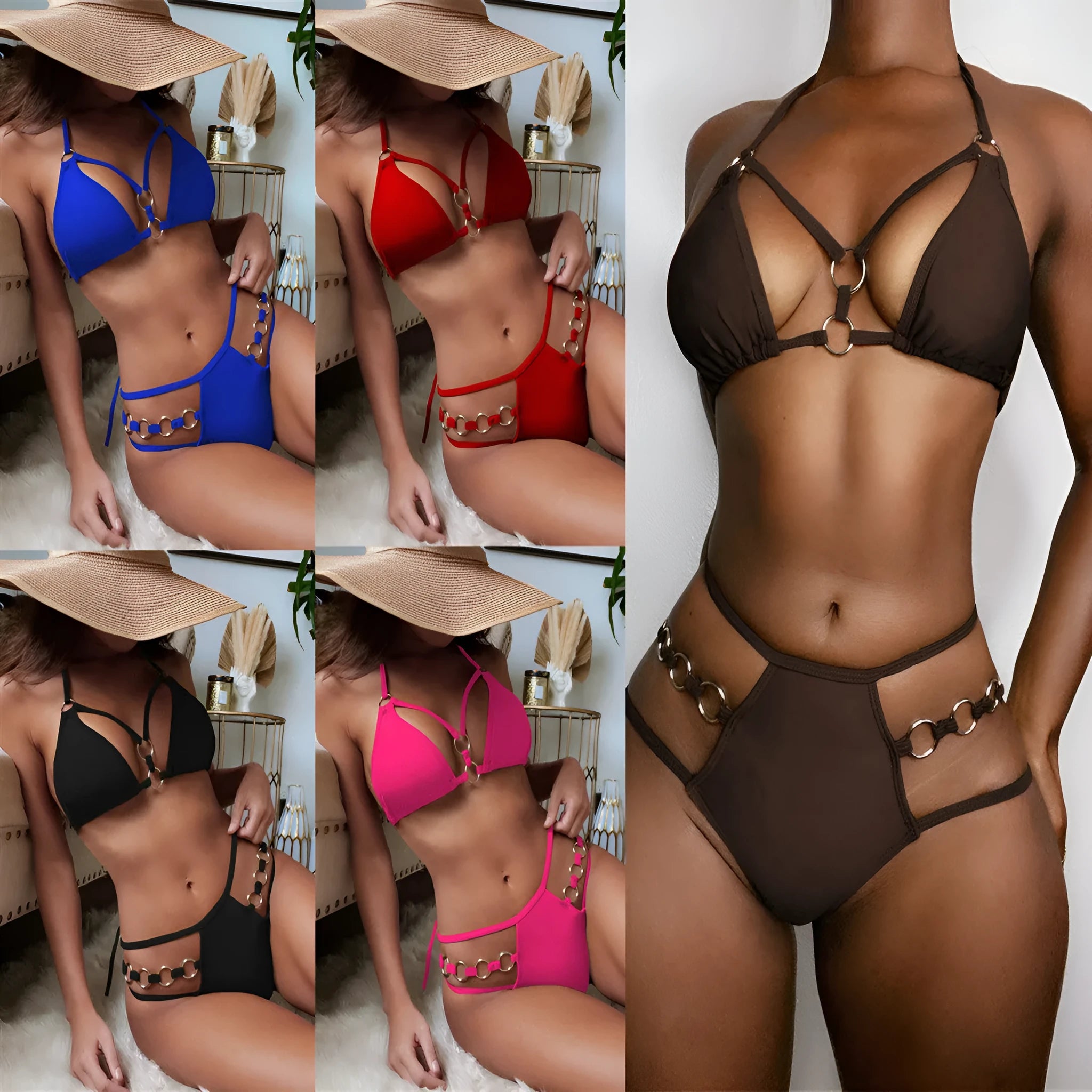 Women's nylon bikini swimwear set with separated top and bottom in multiple colour options