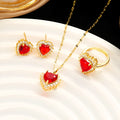 Gold-red heart and flower pendant necklace with gemstone inlay on a titanium steel water wave chain, part of a matching jewellery suit.