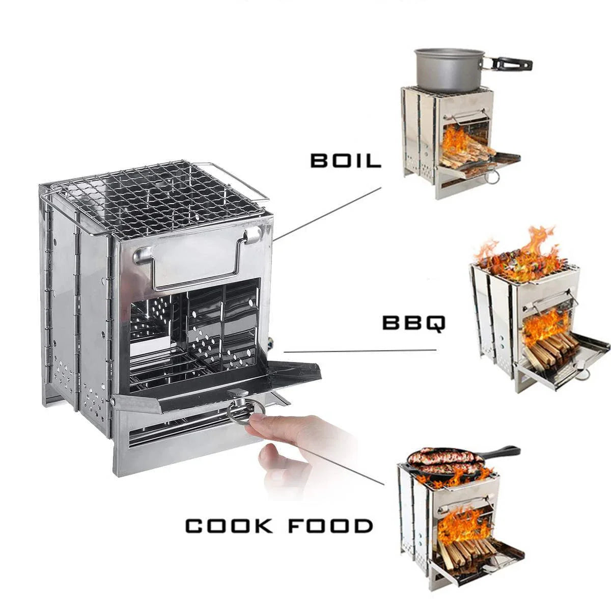 Adjustable folding wood stove for outdoor cooking, compact and windproof