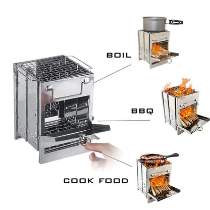 Adjustable folding wood stove for outdoor cooking, compact and windproof