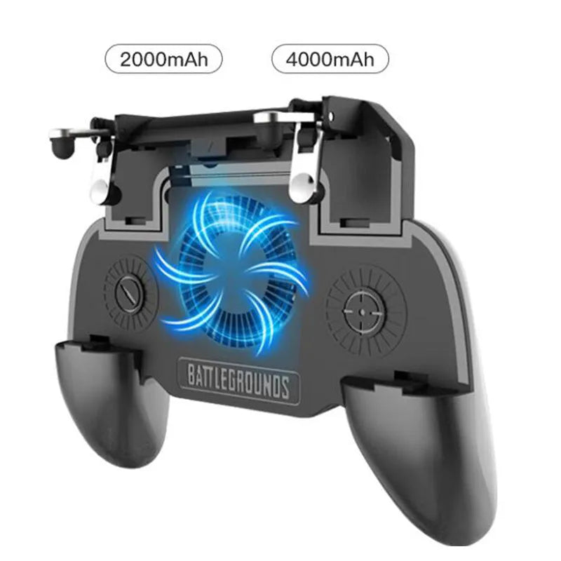 Black USB mobile game controller for smartphones with aluminium alloy frame on a table.