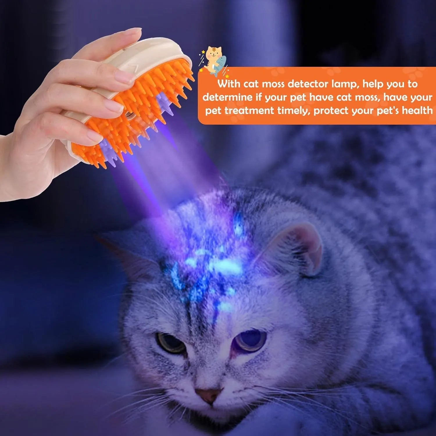 Yellow USB rechargeable cat brush steamer with water tank, silicone brush head, and UV detection light.