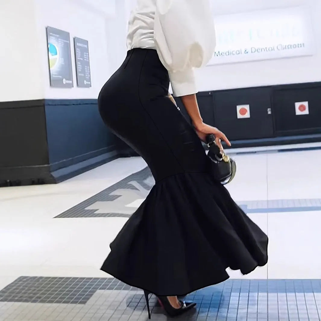 Black sheath long fishtail skirt for women with micro elastic polyester fabric