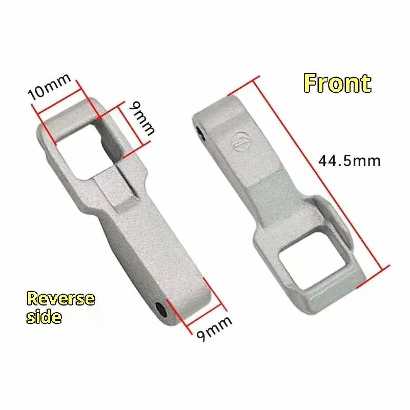 Silver LG drum washing machine door interlock hook switch accessory on white background