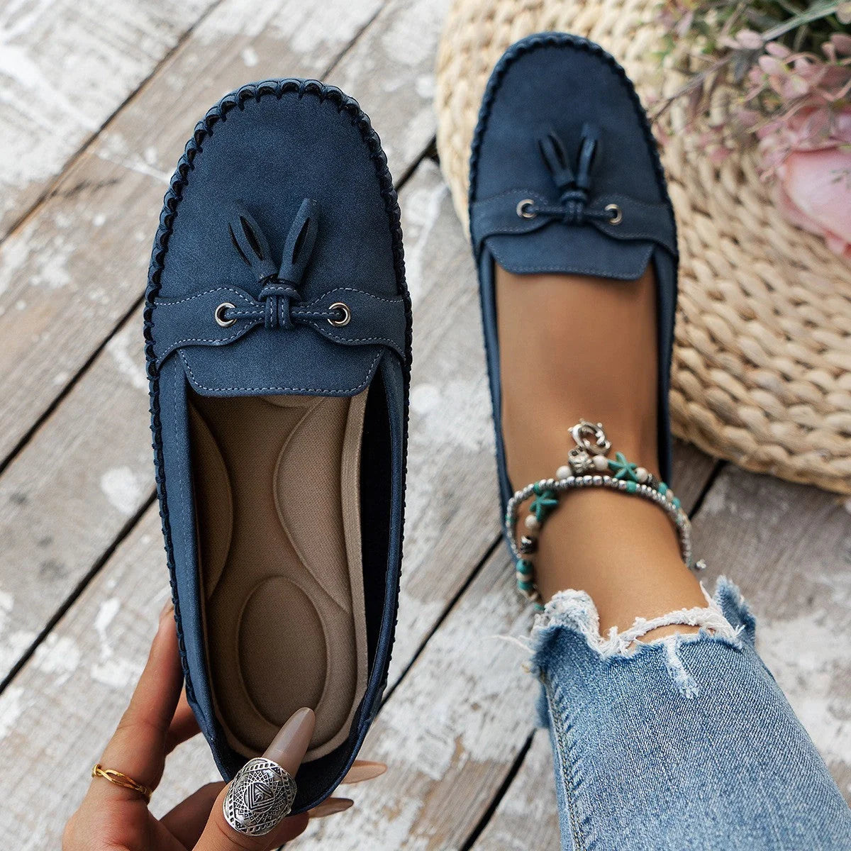 Women's round head loafers in navy blue with non-slip sole