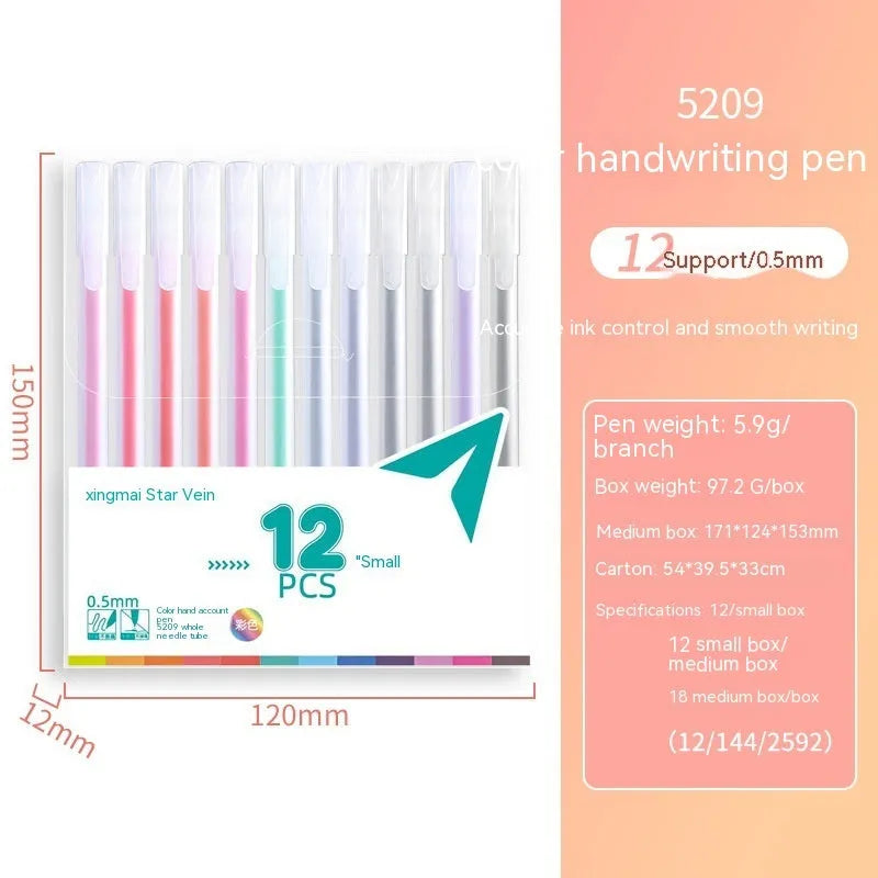 Set of 12 coloured gel pens with 0.5mm tips and plastic barrels for stationery and writing