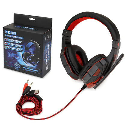 Black gaming headphones with adjustable microphone and braided cable showing 3.5mm plug