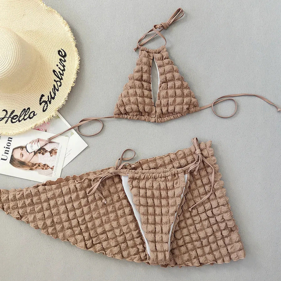 Brown seersucker women's lace-up three-piece bikini swimsuit set on a white background.
