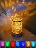 Rotating water ripple night light with solid wood base measuring 9.5x14.5x10.5cm