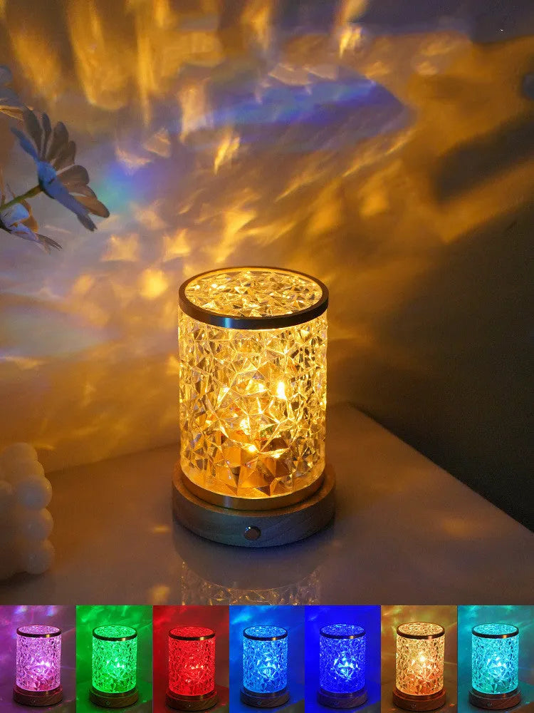 Rotating water ripple night light with solid wood base measuring 9.5x14.5x10.5cm