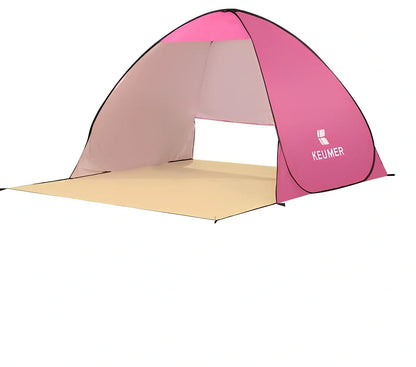 Blue automatic pop-up beach tent with silver-coated UV fabric and stakes for two-person shade