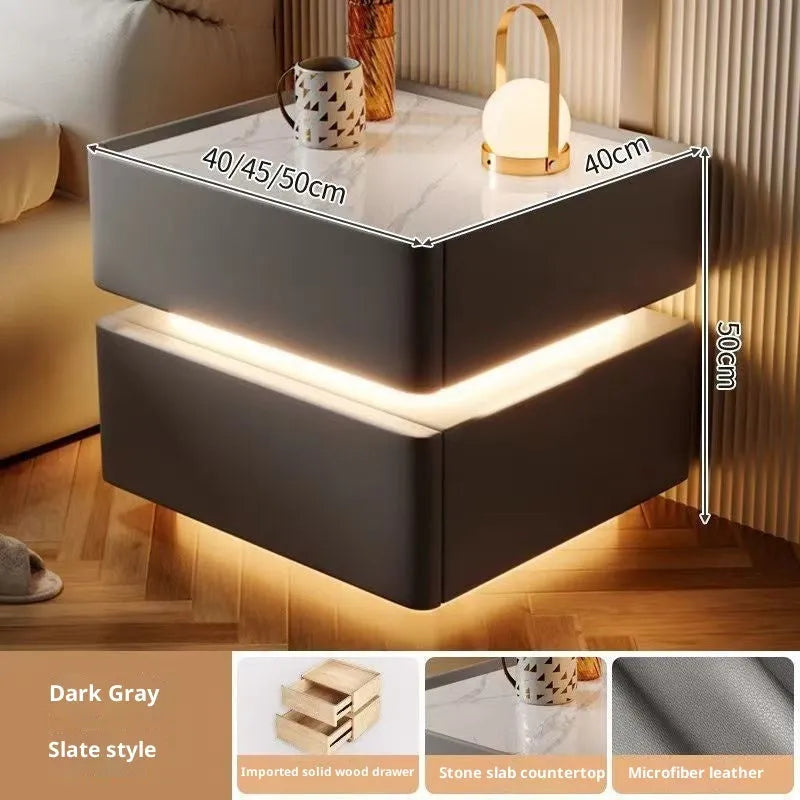 Nordic smart bed cabinet with wireless charging and Bluetooth speaker in white and black finish, wooden construction