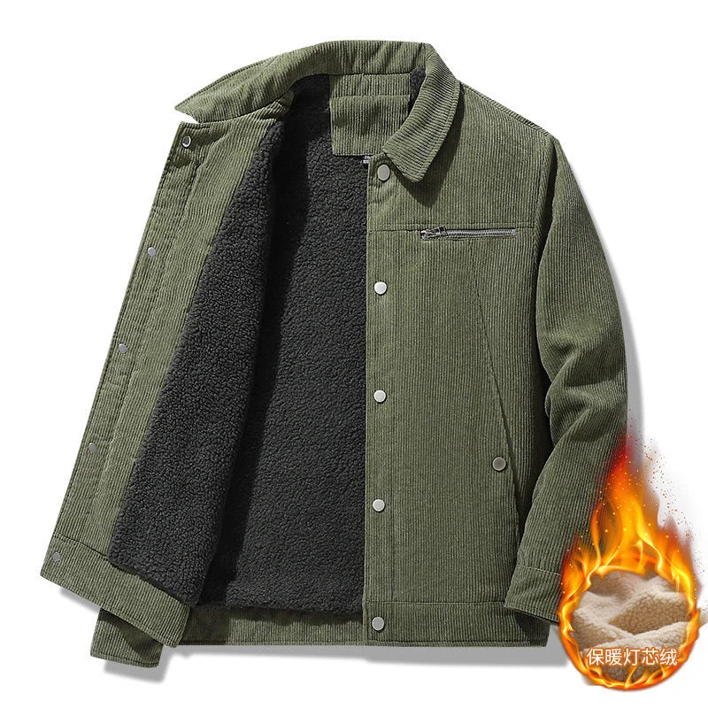 Winter Slim Retro Lapels Thick Corduroy Jacket in grey, black, khaki, and army green