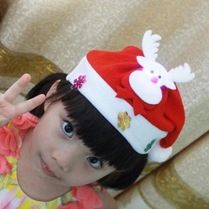 Christmas LED Luminous Hat in red with cartoon applique, available in child and adult sizes