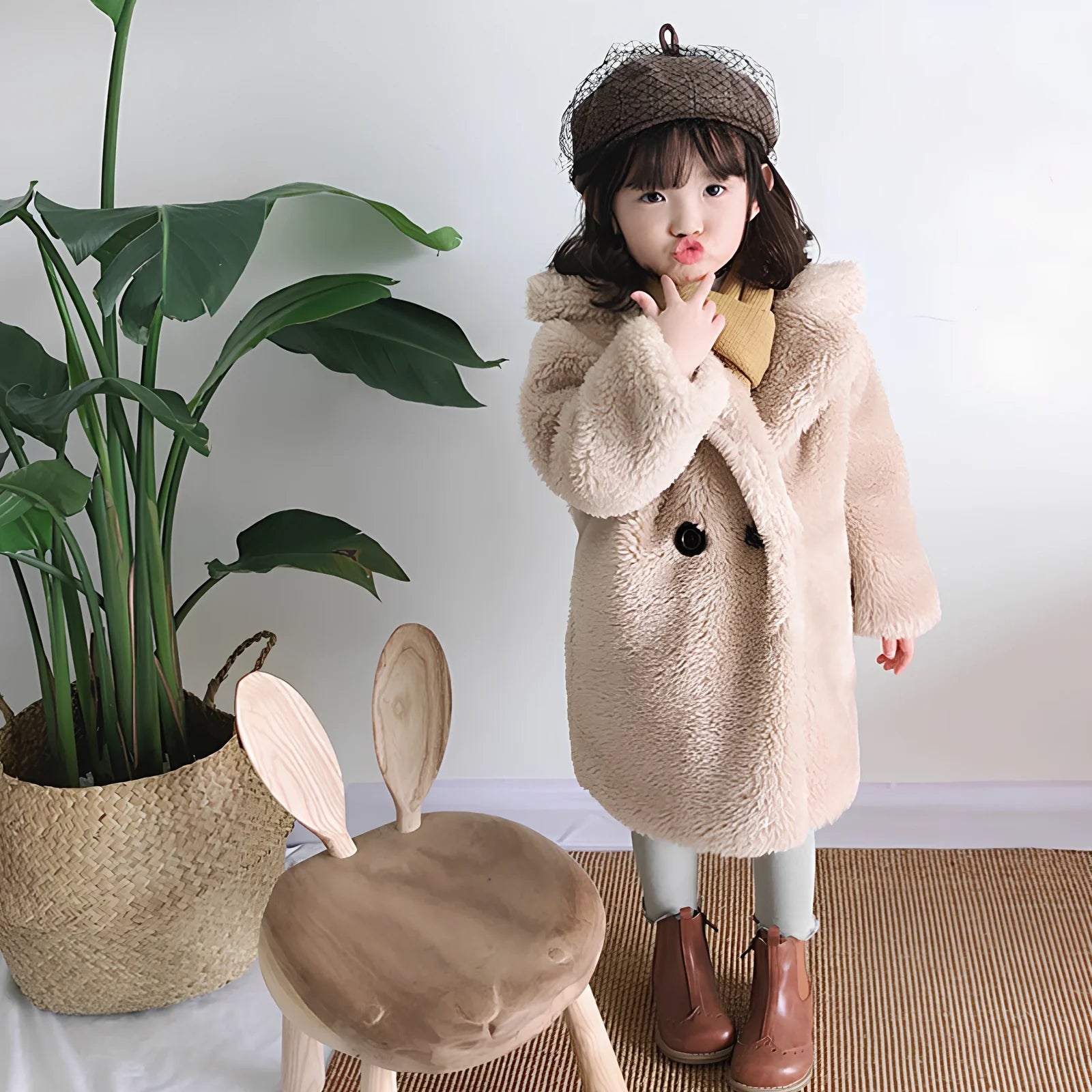 Children's cashmere fur coat in beige colour with suit collar and long sleeves for winter wear