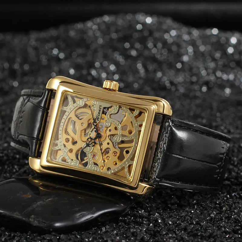 Winner men's Swiss hollow manual mechanical watch with rectangular alloy case and leather strap on white background