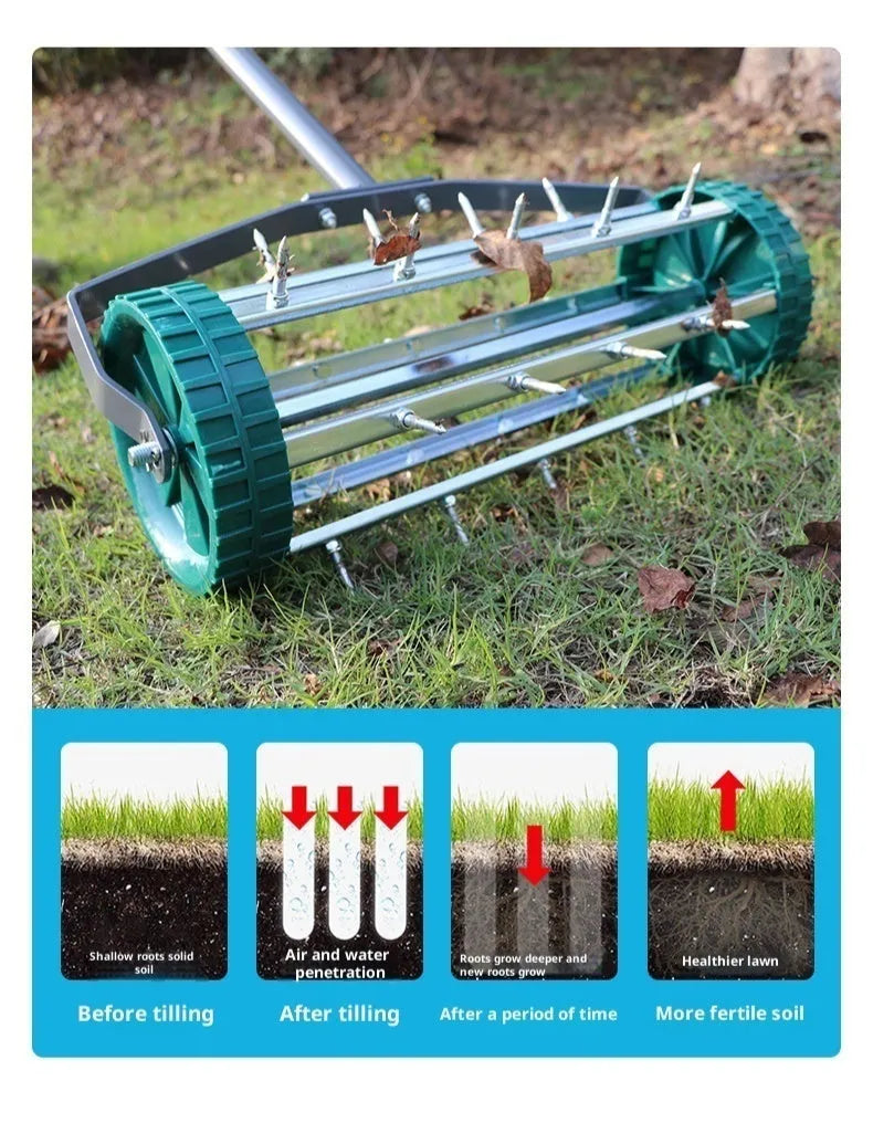 Manual lawn aerator tool with A3 steel construction resting on grass, dimensions 45x24x22cm