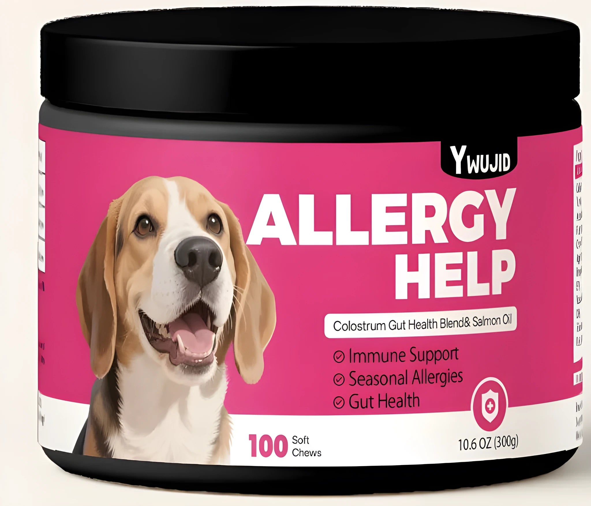 Canister of 300g anti-allergy soft granule supplement for pets, shown next to a scoop.