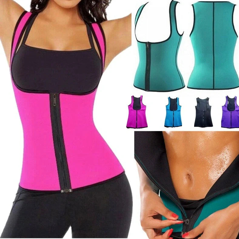 Ladies neoprene court corset with zipper closure in blue colour showing U-neck and waist-length design