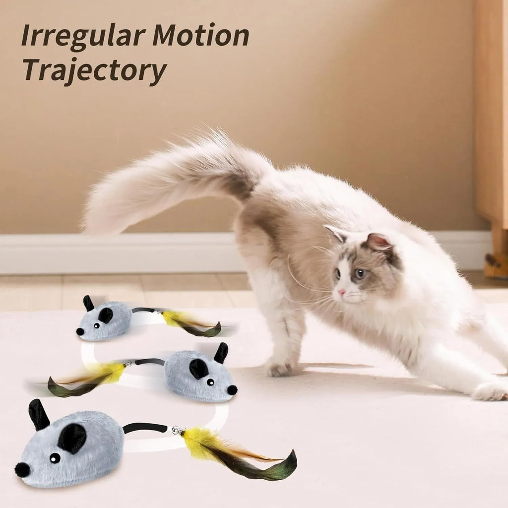 Grey and yellow rechargeable LED automatic moving cat mouse toy with feather and bell tail on floor