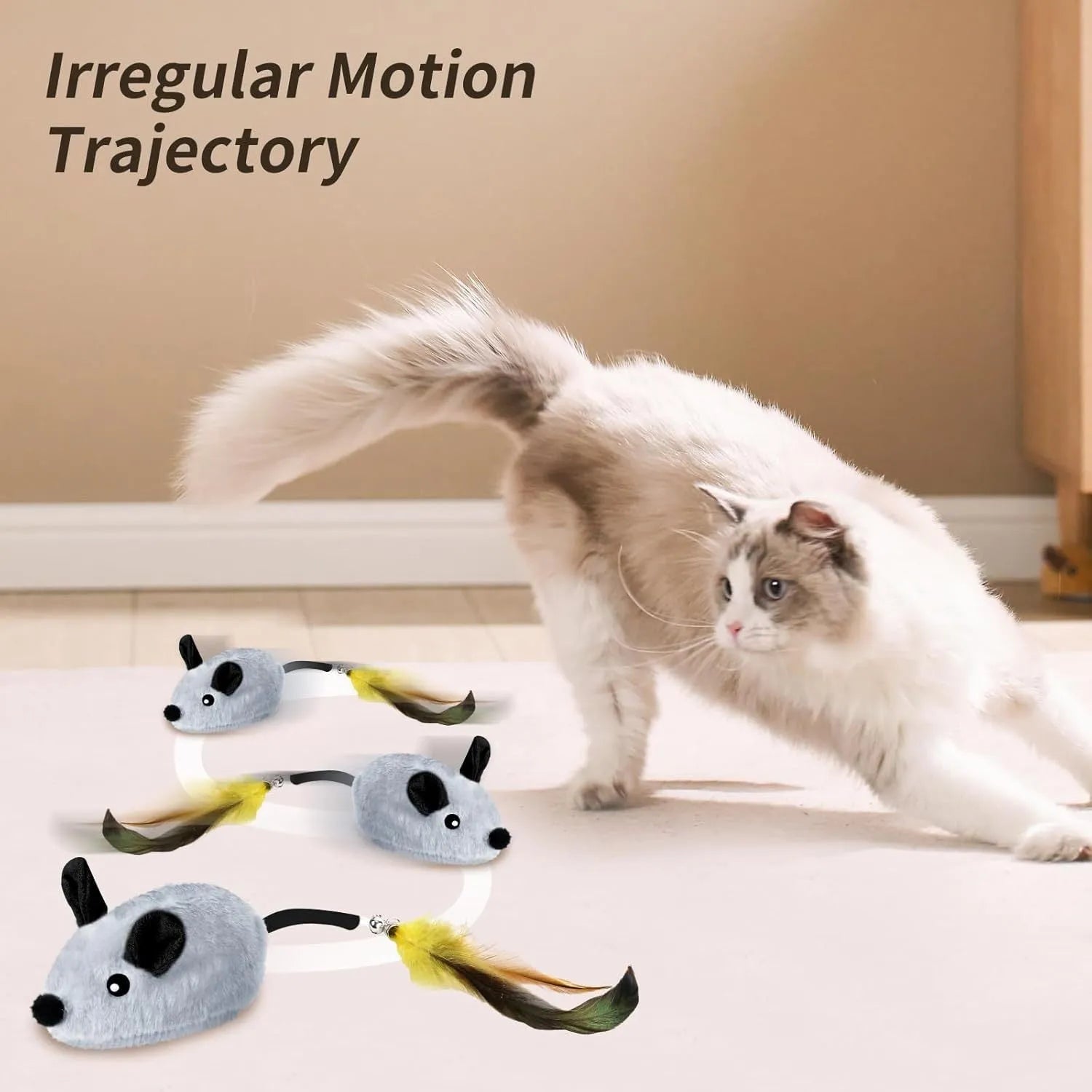 Grey and yellow rechargeable LED automatic moving cat mouse toy with feather and bell tail on floor