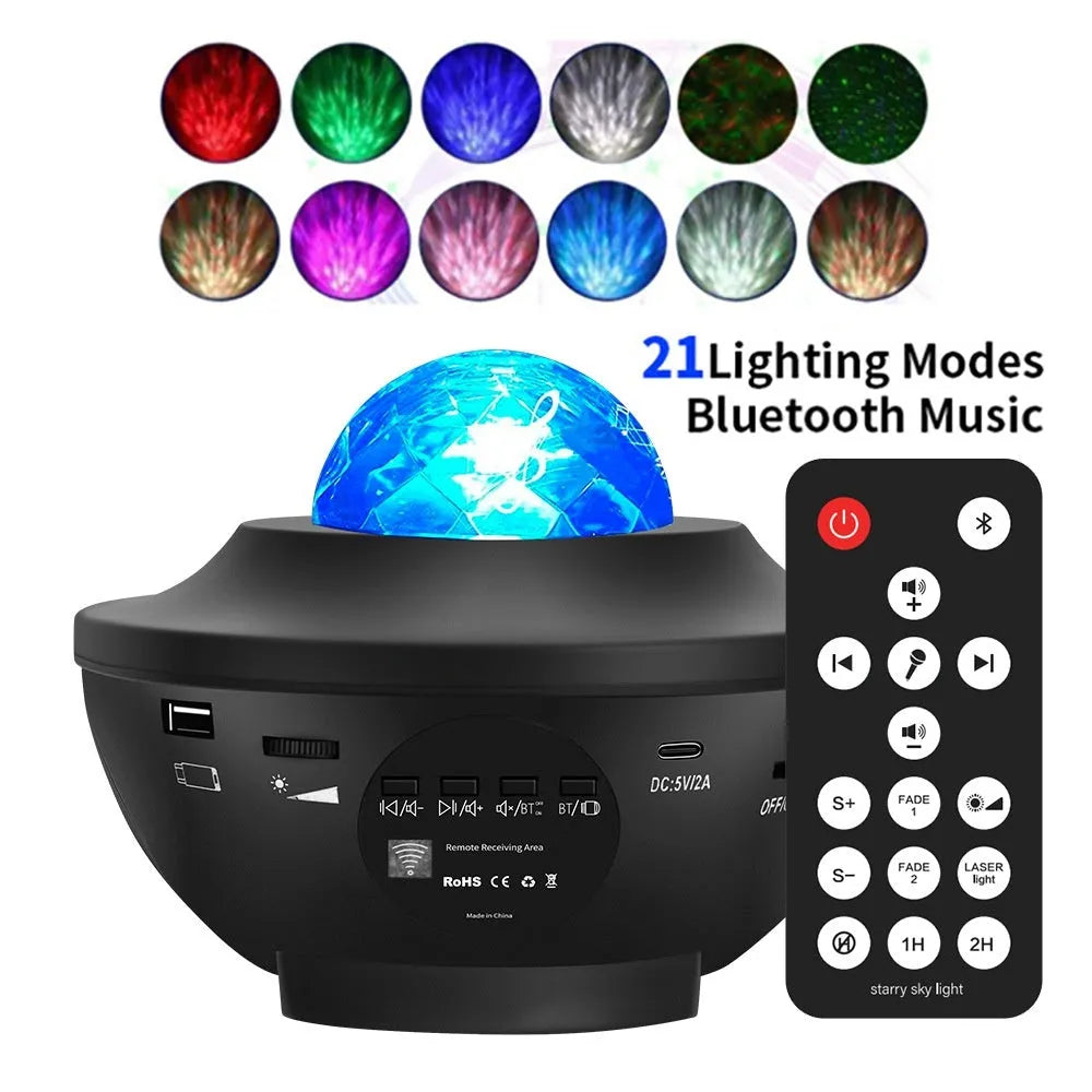 Black Bluetooth starry sky projection lamp with rotating water ripple laser effects on desktop