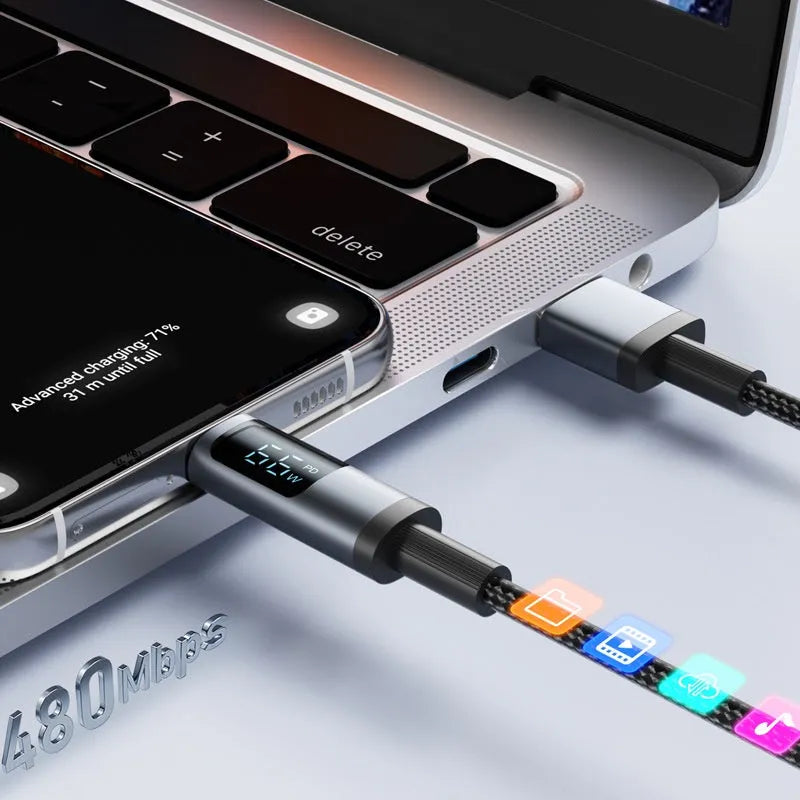 Phone fast charge data cable woven black digital display 1.2m Lightning Type-C 66W