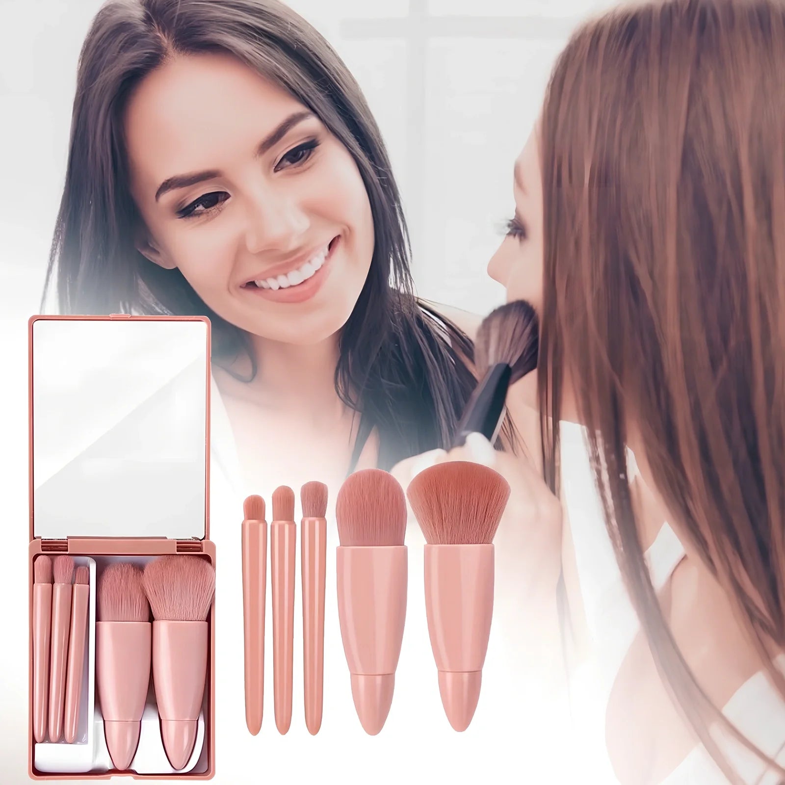 Pink 5-piece makeup brush set with mirror showing powder, foundation, blush, and eye brushes