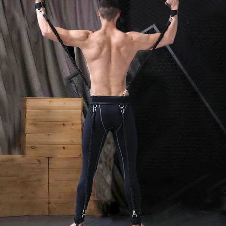 Bounce training device with elastic ropes, adjustable waist belt, ankle straps, and bracelet straps for resistance exercises