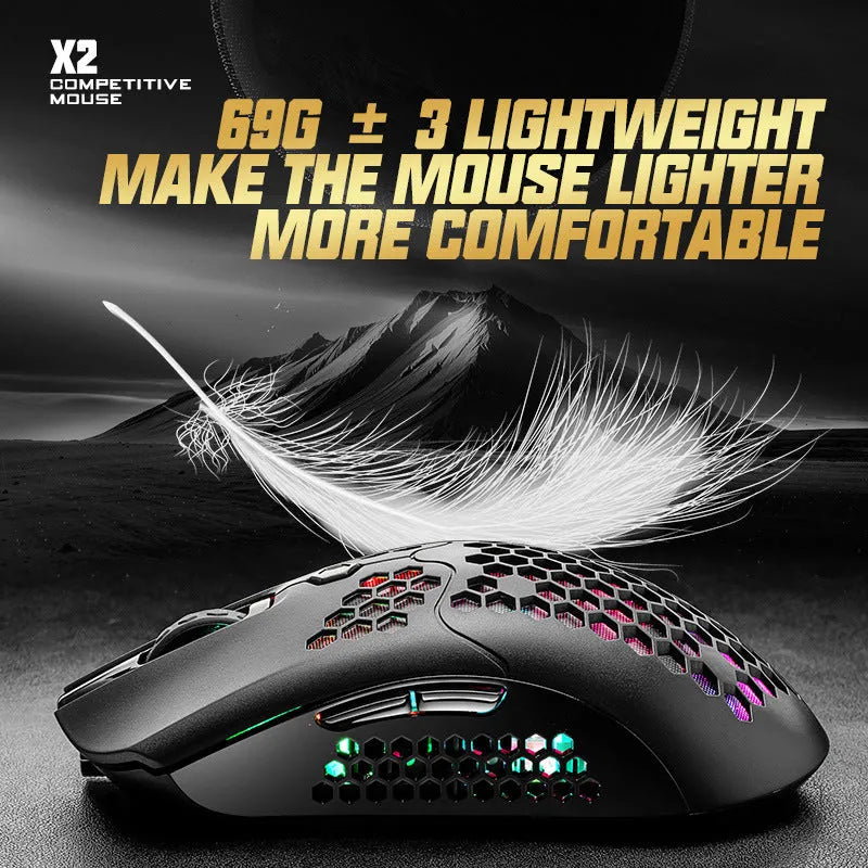 Free Wolf X2 wireless gaming mouse in selected colour with RGB lighting on a desk.