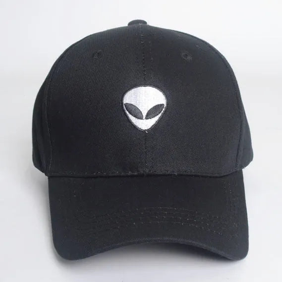 Alien head embroidered baseball cap in black with green label, cotton satin weave, side view