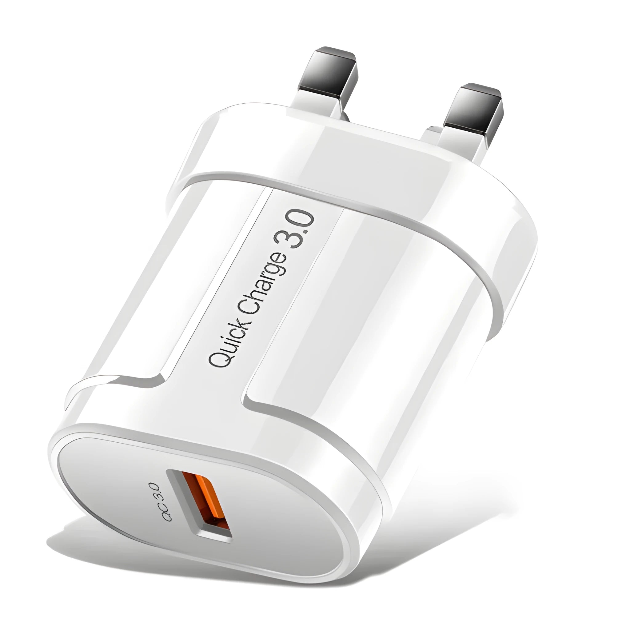 White international mobile phone smart charger with travel adapter plugs showing compact dimensions