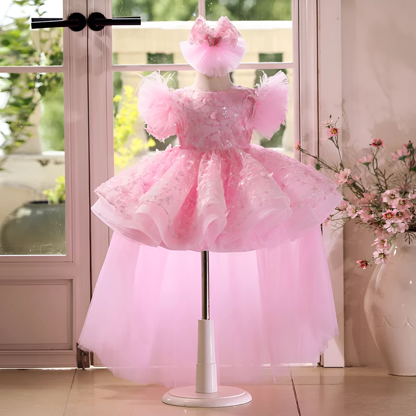 Pink polyester princess pettiskirt dress for girls, full tutu skirt, suitable for heights 80-150cm