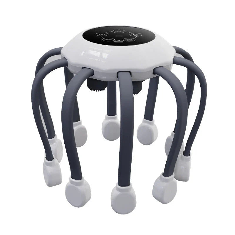 Octopus-inspired head massager with 14 independent massage heads for full scalp coverage and 5 customizable massage modes for personalized relaxation