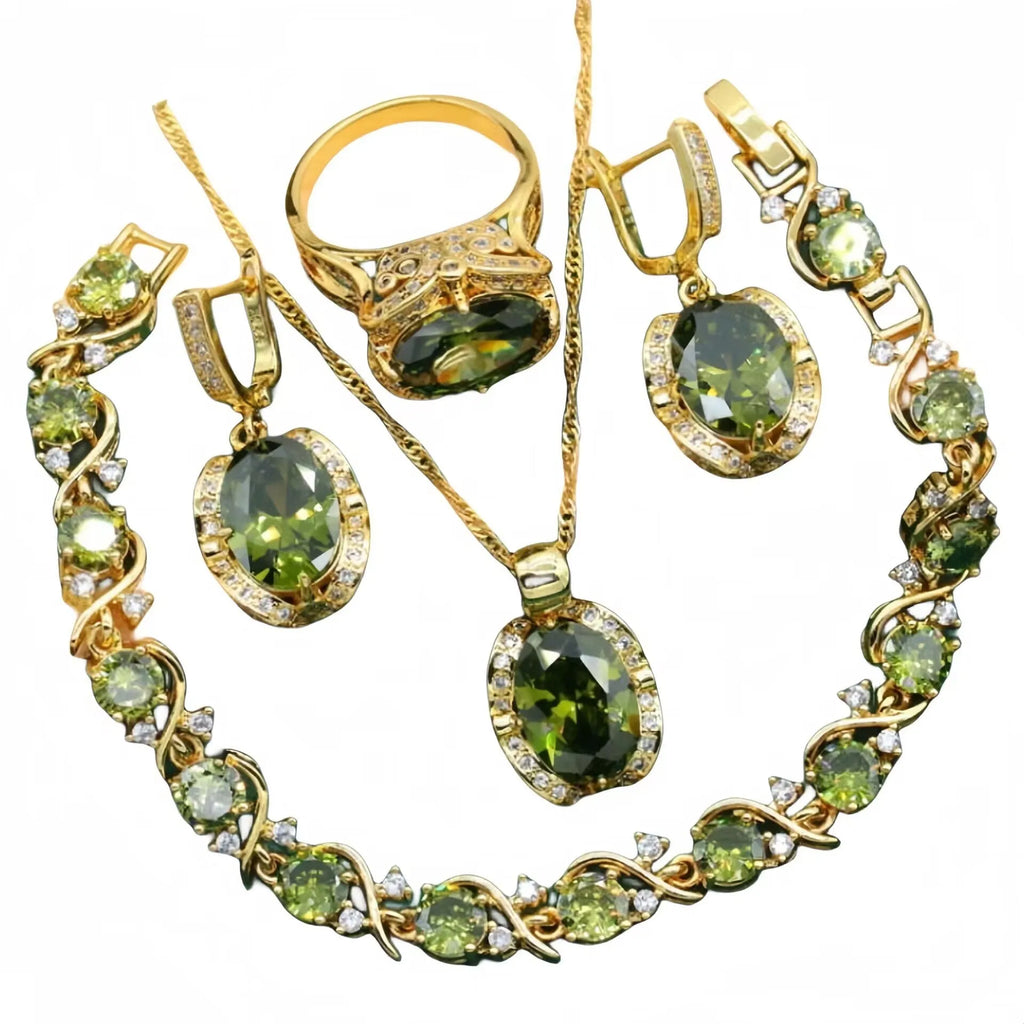 Olive green zircon jewellery suit for women featuring a snake bones chain necklace, matching earrings, and ring with a crown pattern.