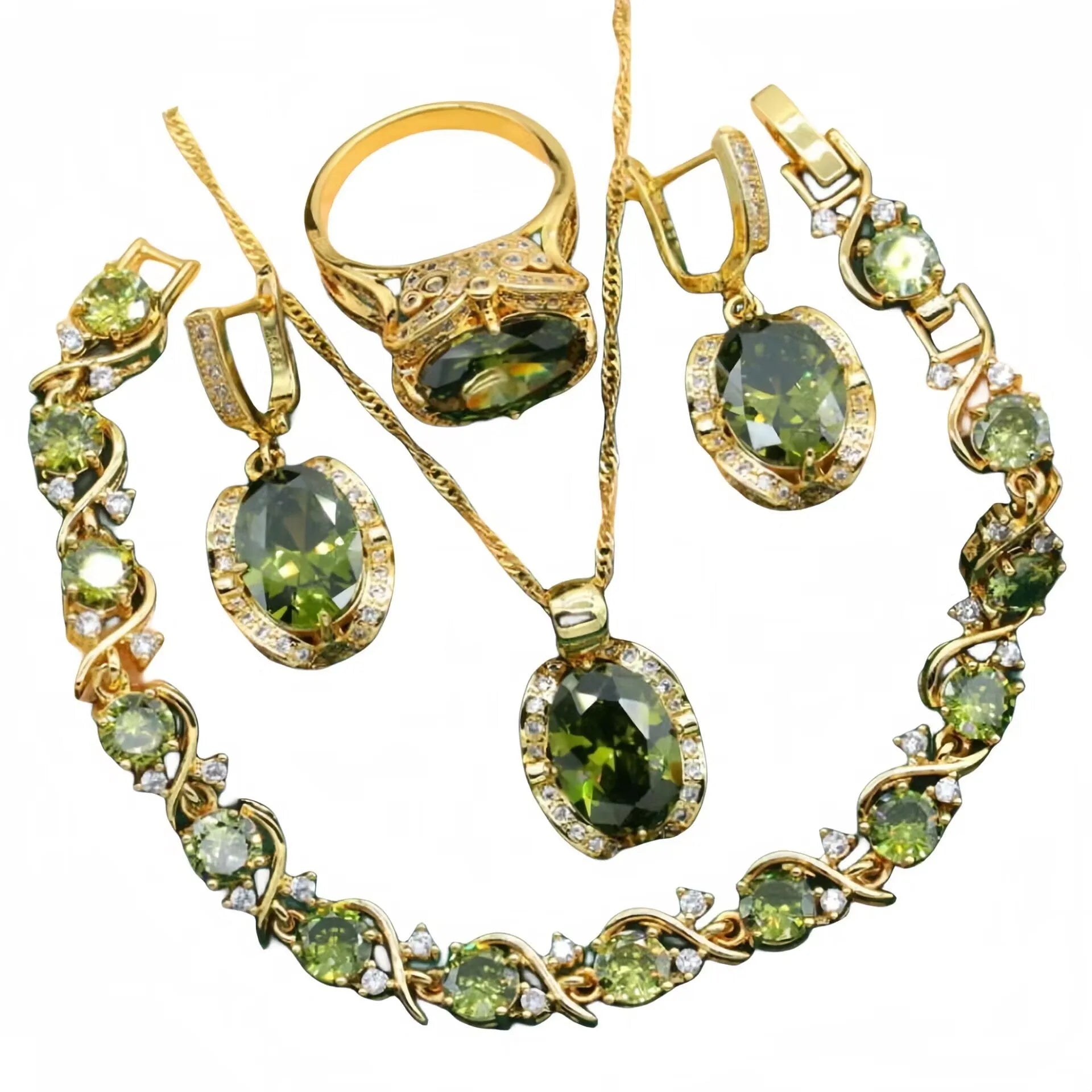 Olive green zircon jewellery suit for women featuring a snake bones chain necklace, matching earrings, and ring with a crown pattern.