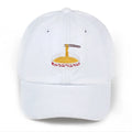 Large bowl cotton baseball cap in blue with curling brim and dome top, adjustable size