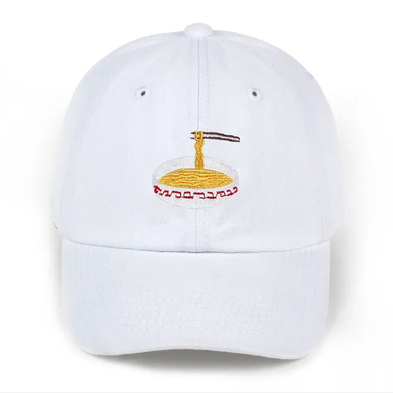 Large bowl cotton baseball cap in blue with curling brim and dome top, adjustable size