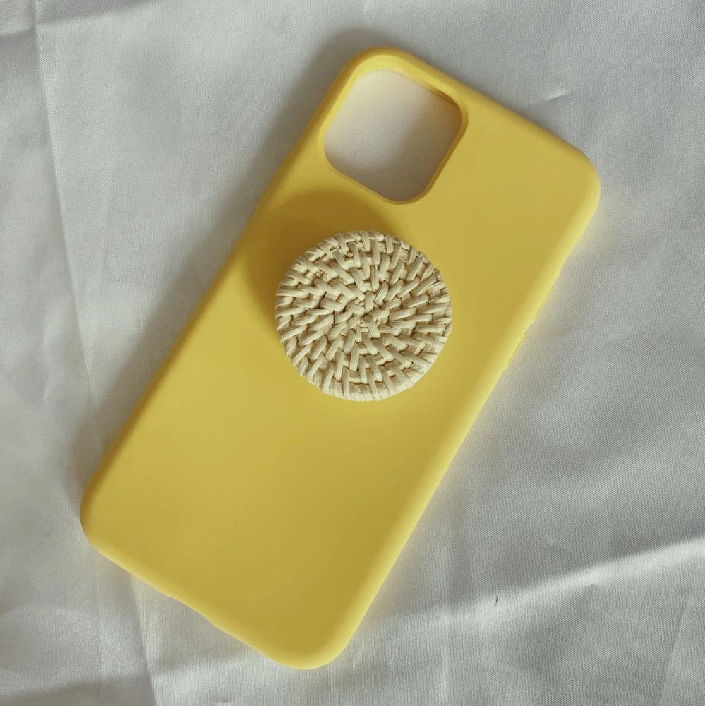 Bamboo woven telescopic phone stand extended to 25cm height holding smartphone