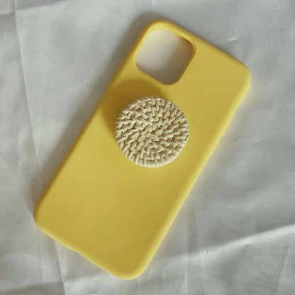 Bamboo woven telescopic phone stand extended to 25cm height holding smartphone