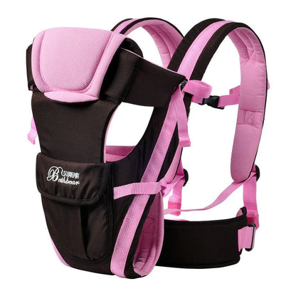 Double shoulder baby carrier with hip seat support in khaki, blue, orange, and pink colors